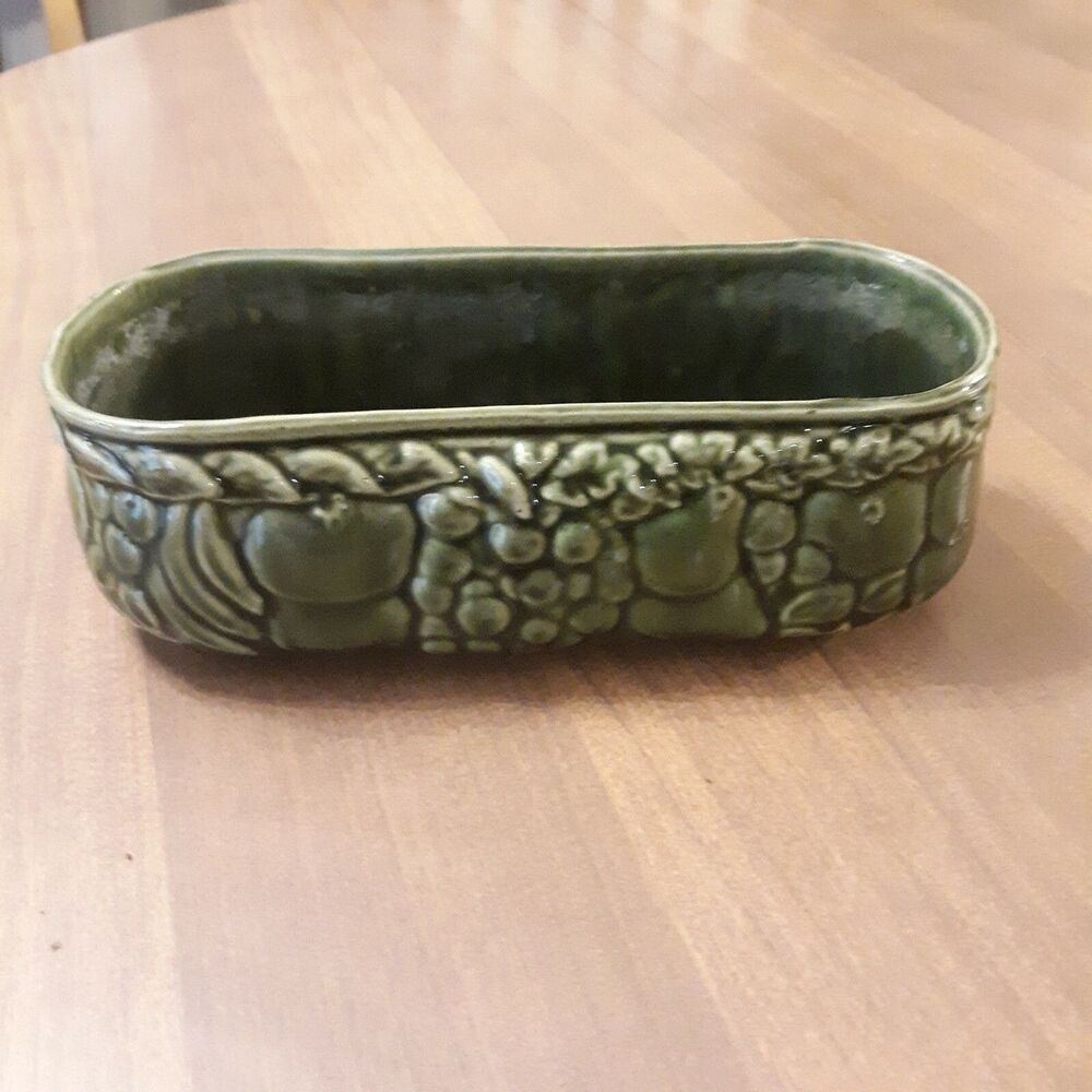 Vintage Green Ceramic Pottery Planter Raised Fruit Motif Mid Century Modern
